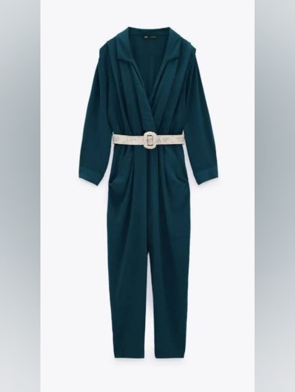Zara Teal Blue Wide Leg Plunge Jumpsuit XL